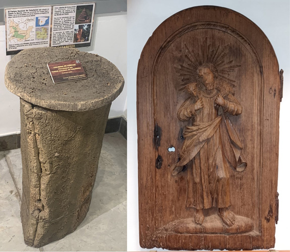 Objetos de uso tradicional elaborados con corcho, Quercus suber (colmena) y con madera de castaño, Castanea sativa (puerta de un sagrario)