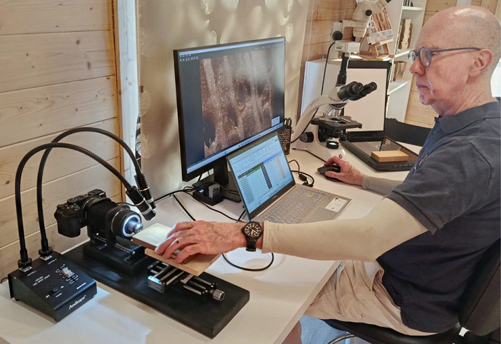 Parte del proceso de elaboración de fichas cartográficas de las maderas de la colección. (Fotografía científica y escaneado)